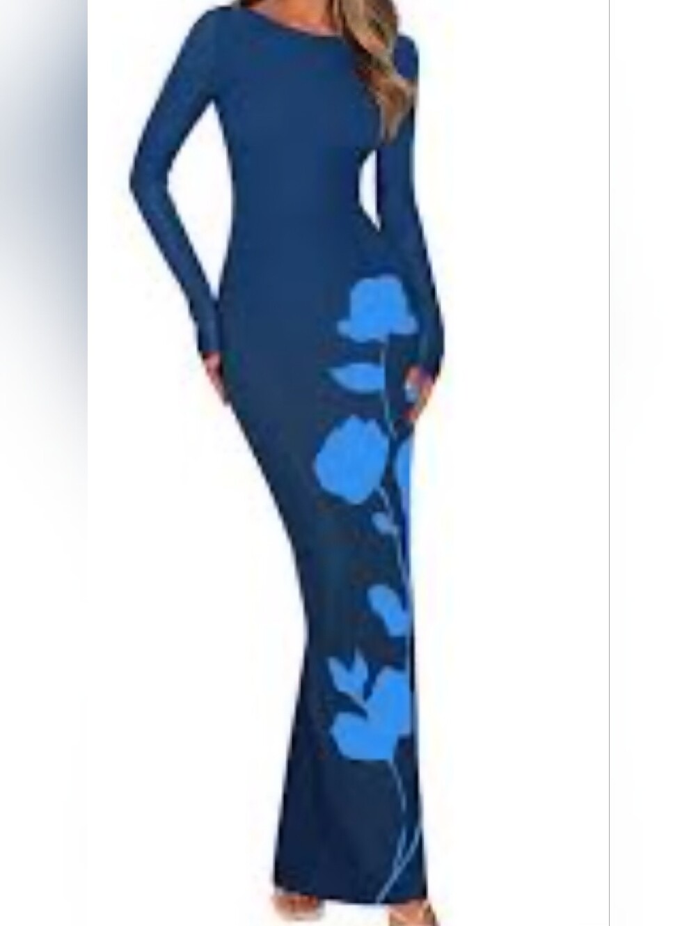 Slim Long Sleeve Navy Dress with Blue Floral Print